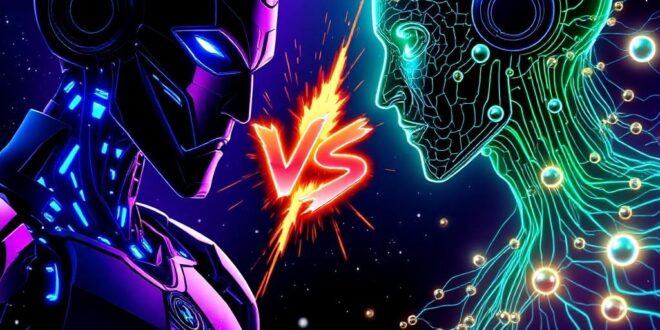 A photorealistic artwork showcasing an epic AI showdown between a menacing humanoid robot, Grok, and a dominant holographic neural network, ChatGPT, set against a stunning cyberpunk-inspired backdrop.
